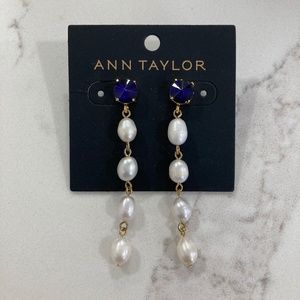 Ann Taylor Blue Rhinestone & Pearl Strand Dangle Earrings